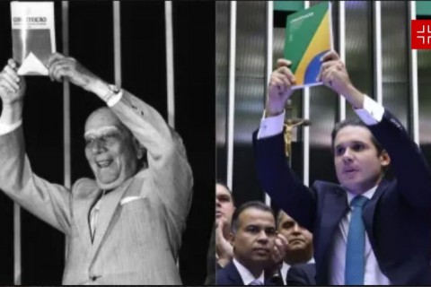 Hugo Motta repete gesto e frase de Ulysses Guimarães em posse na Câmara